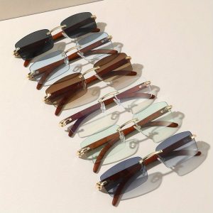 6pcs Fashion Glasses Meral Rimless Frame Glasses Wooden Temple Suitable For Outdoor Use