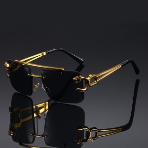 Vintage Luxury Gold Fahsion Glasses Cool Tiger Stand Ladies Frameless Black Men's and Women's Outdoor Travel Anti-Glare Glare Glasses